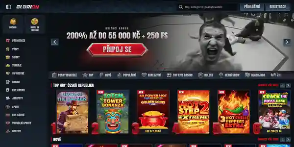 Mobilní úvodní stránka Glorion Casino v češtině